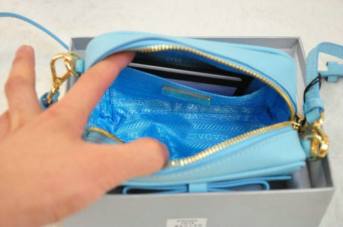2014 Prada saffiano calfskin leather pouch BN1674 lake blue - Click Image to Close